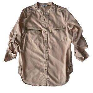 CALVIN KLEIN TUNIC V-NECK  NUDE PINK SATIN BUTTON-UP BLOUSE - SIZE US XS